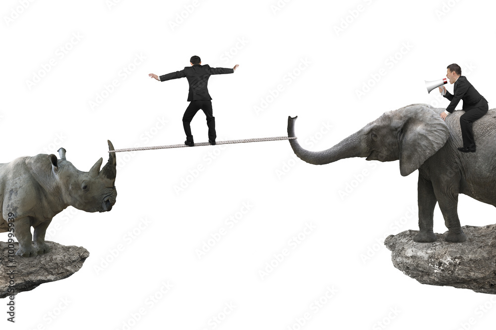 Man riding elephant against rhinoceros with another balancing ro - obrazy, fototapety, plakaty 