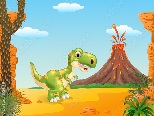 Cartoon tyrannosaurus dinosaur mascot on the Prehistoric background