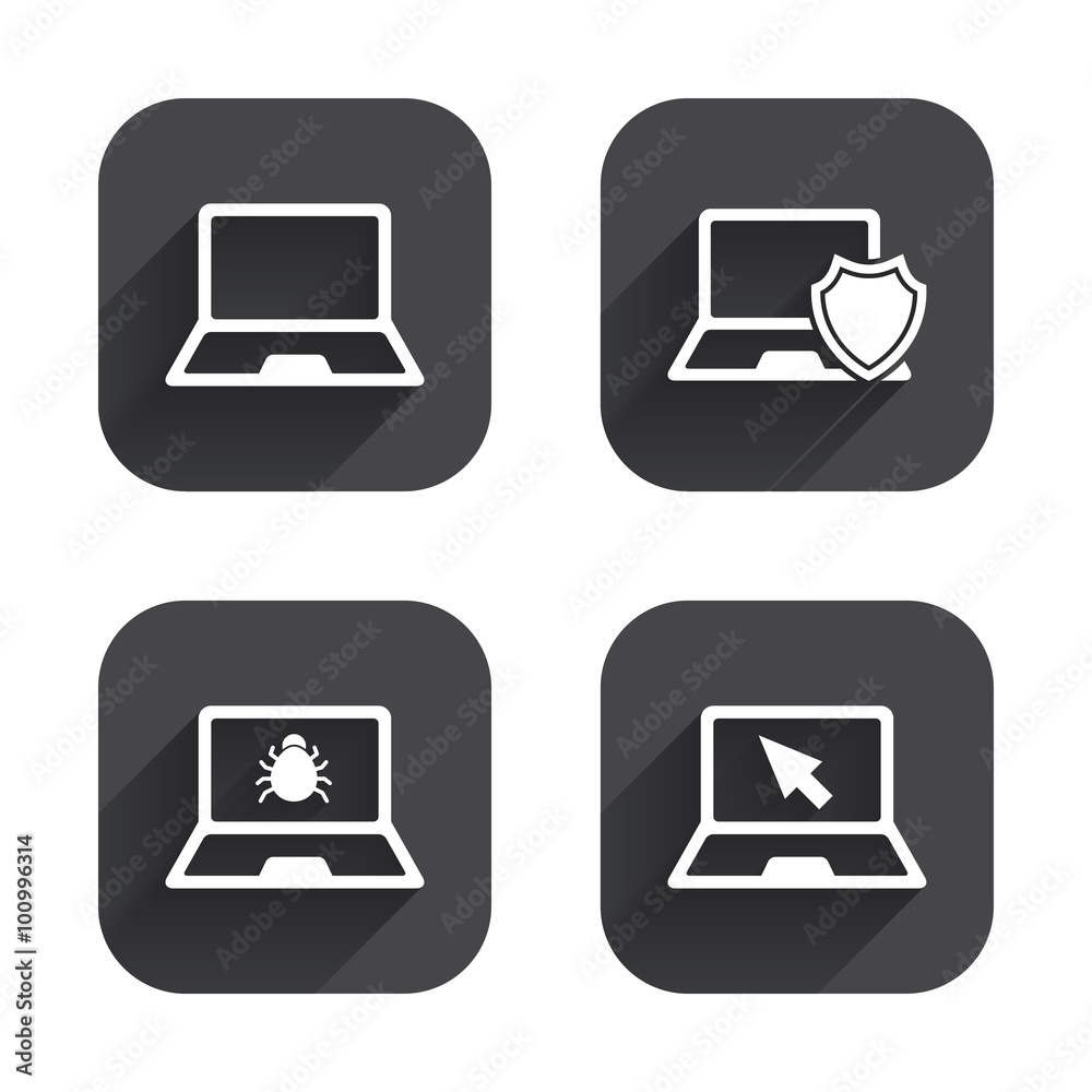Notebook laptop pc icons. Virus or software bug. Notebook laptop pc icons. Virus or software bug.