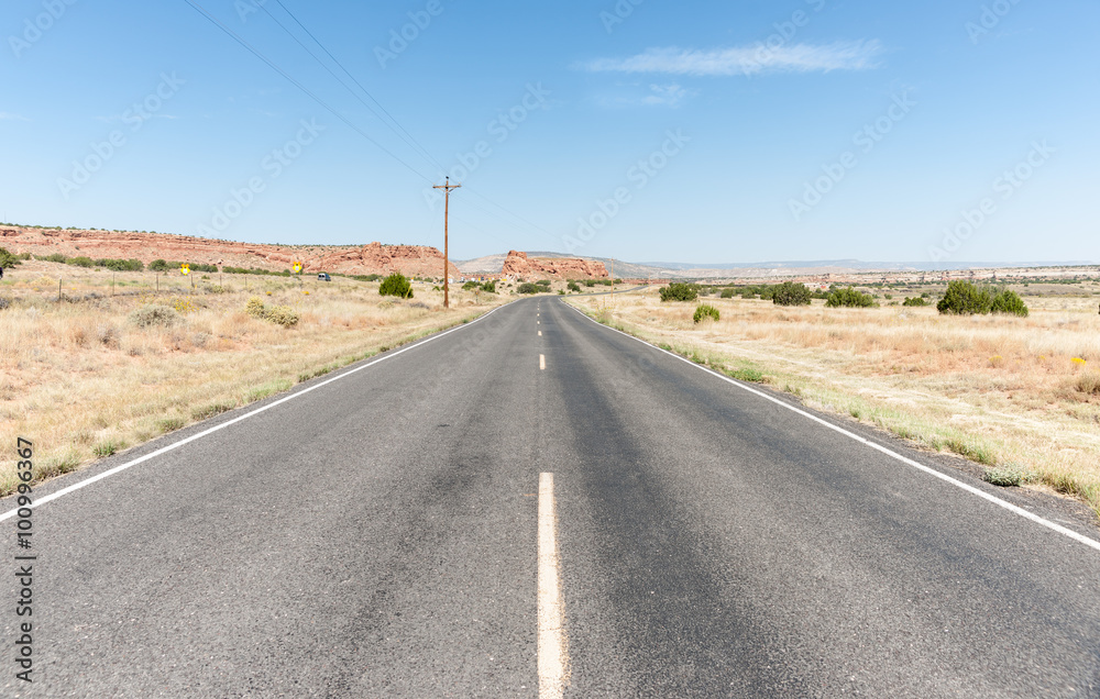 Long straight road ahead through desert of New Mexico, USA.