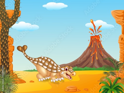 Cute ankylosaurus posing in the prehistoric background
