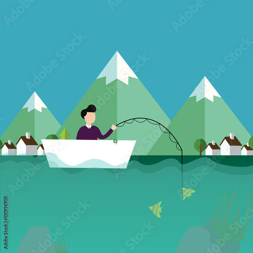 man fishing in boat with mountain scenery behind