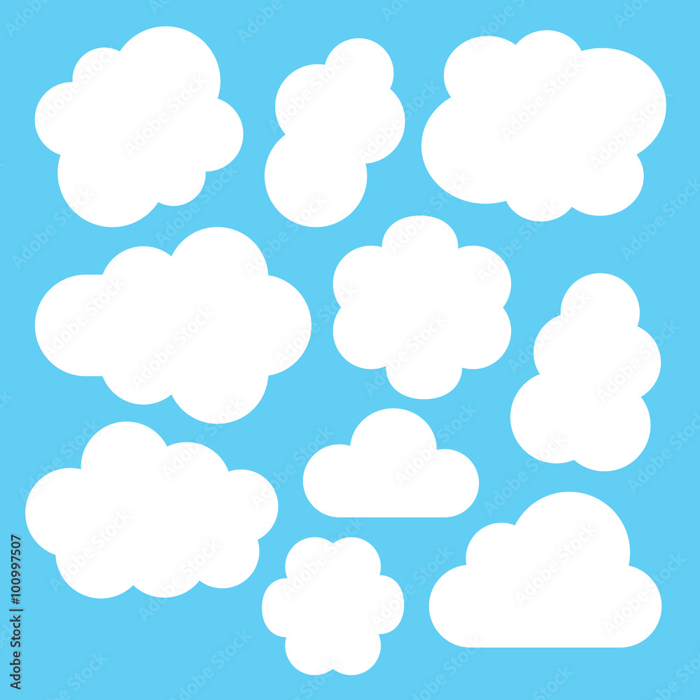 Simple white clouds set. Vector illustration isolated on blue background