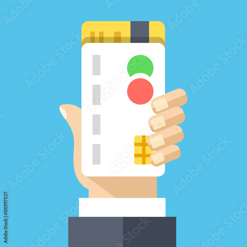 Hand holds credit cards. Creative flat design vector illustration