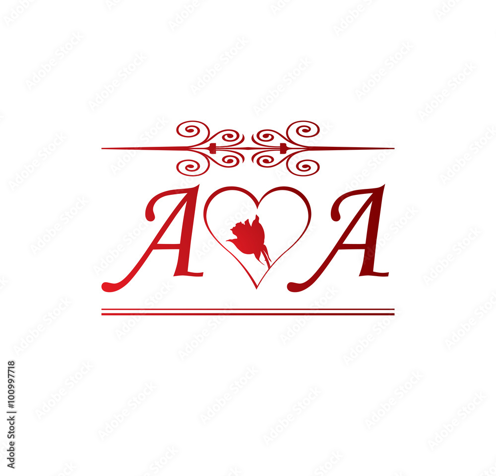 AA love initial with red heart and rose Stock Vector | Adobe Stock