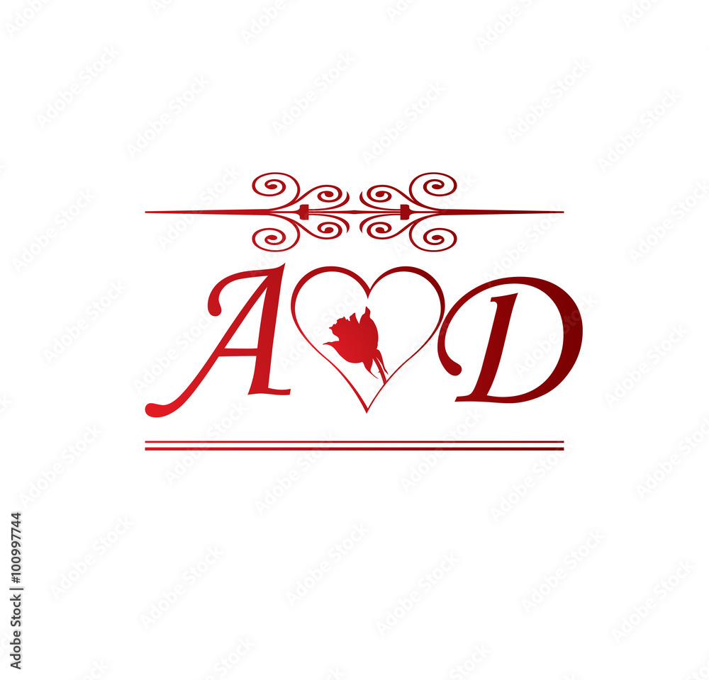 AD love initial with red heart and rose Stock Vector | Adobe Stock