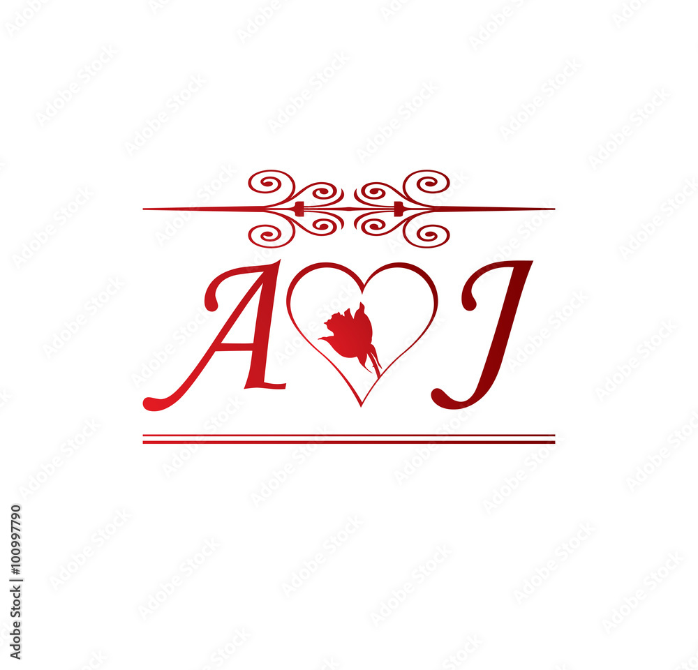 AJ love initial with red heart and rose Stock Vector | Adobe Stock