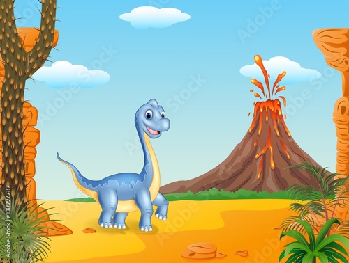 Cute dinosaur posing with the prehistoric background