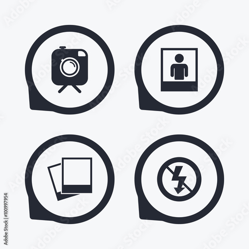 Photo camera icon. No flash light sign.