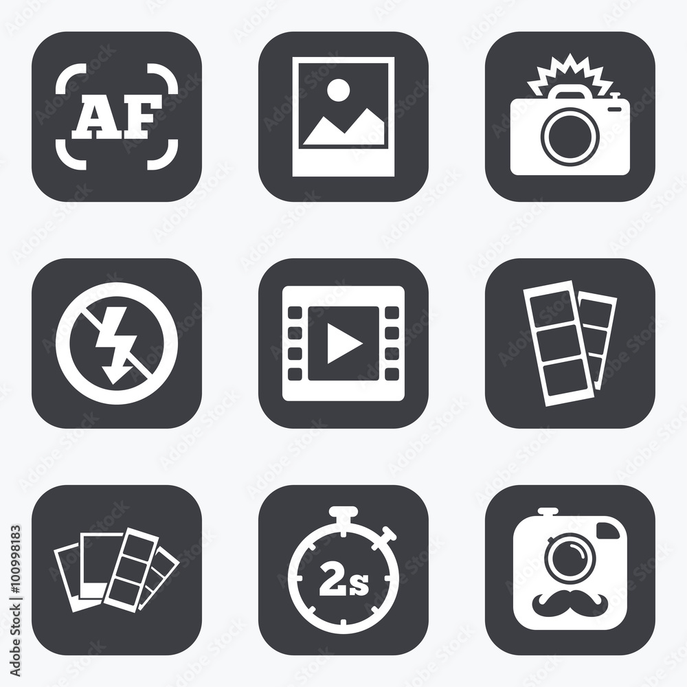 Photo, video icons. Camera, photos and frame. Photo, video icons. Camera, photos and frame.