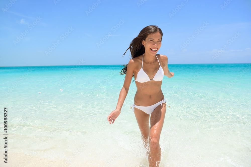 Cheerful Woman Running at Beach Summer Fun