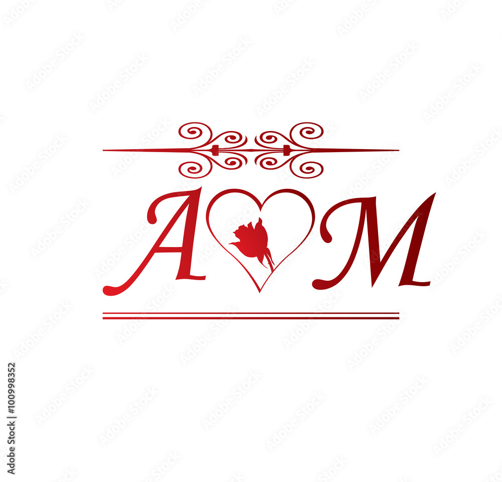AM love initial with red heart and rose Stock Vector | Adobe Stock