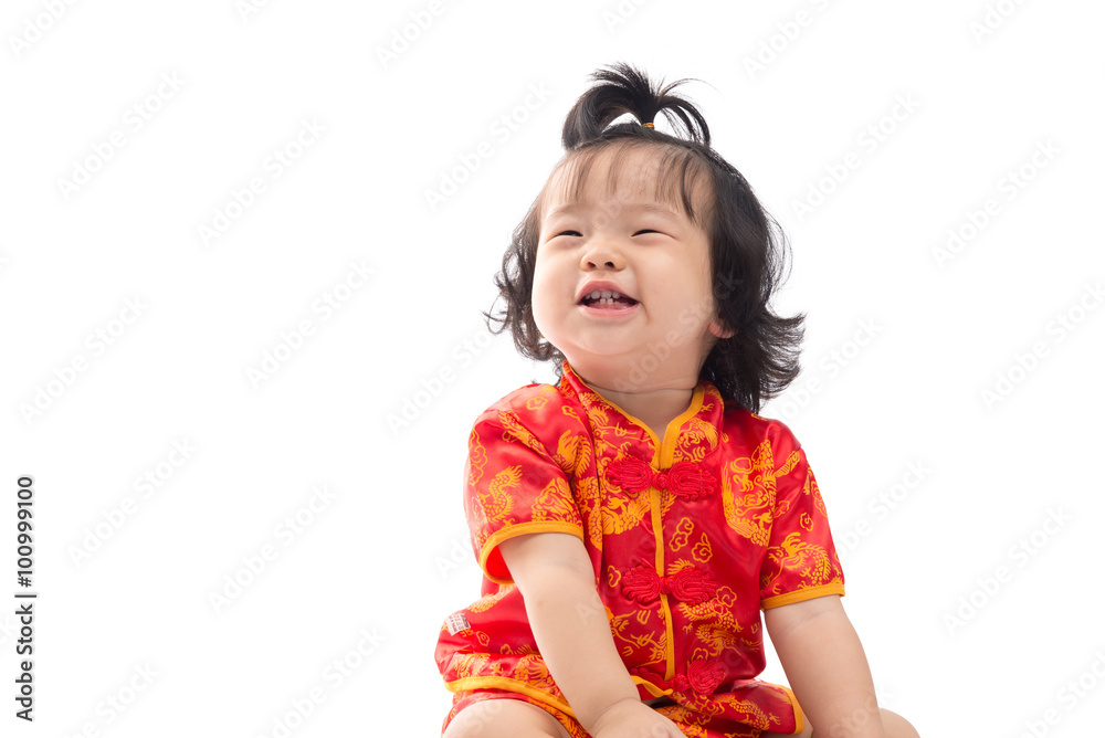 Cute Asian baby girl in traditional Chinese suit Isolated on whi Cute Asian baby girl in traditional Chinese suit Isolated on whi