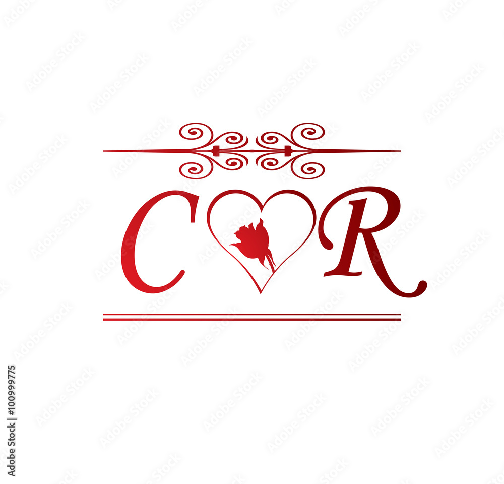 CR love initial with red heart and rose Stock Vector | Adobe Stock