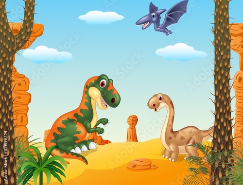 Cartoon happy dinosaur collection with prehistoric background