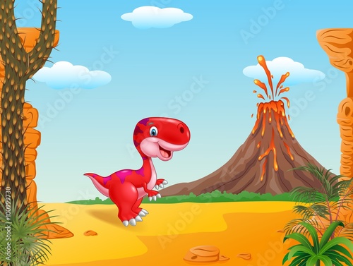 Cute dinosaur mascot with prehistoric background
