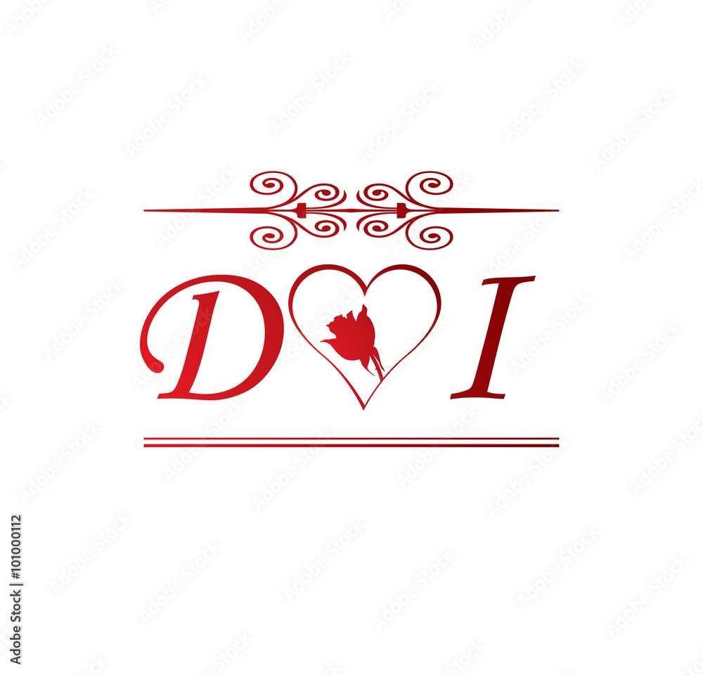 DI love initial with red heart and rose