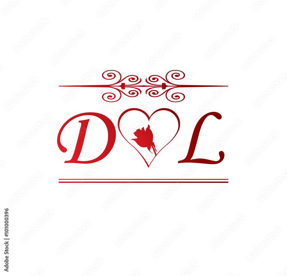 DL love initial with red heart and rose