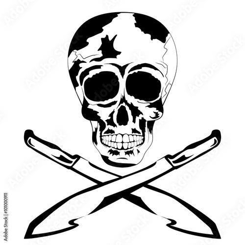 Black and white human skull with machete. Tattoo Skull