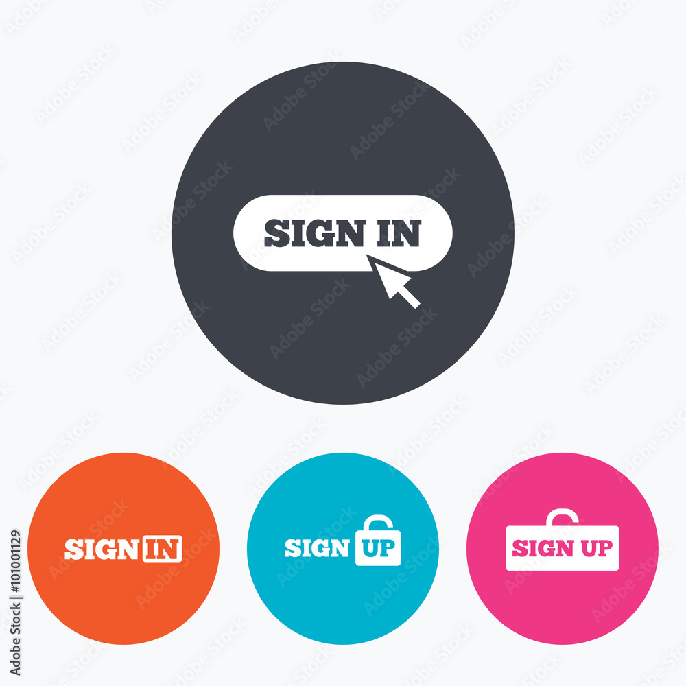 Sign in icons. Login with arrow, hand pointer. Sign in icons. Login with arrow, hand pointer.