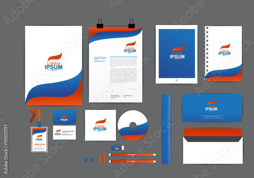 blue and orange with wave corporate identity template  for your business includes CD Cover, Business Card, folder, ruler, Envelope and Letter Head Designs