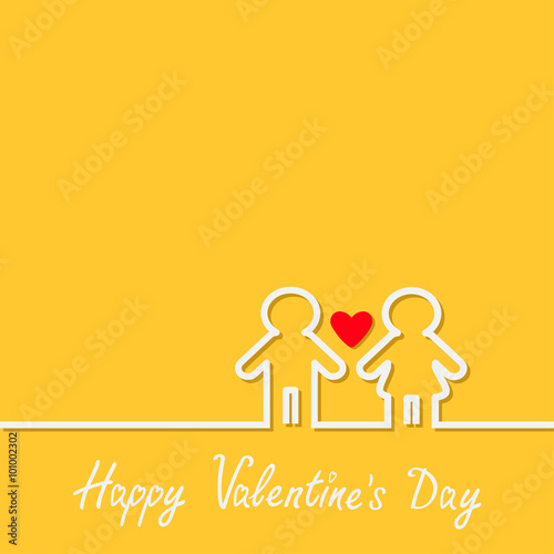 Happy Valentines Day. Love card. Man and Woman white contour line icon symbol Yellow background Red heart Flat design