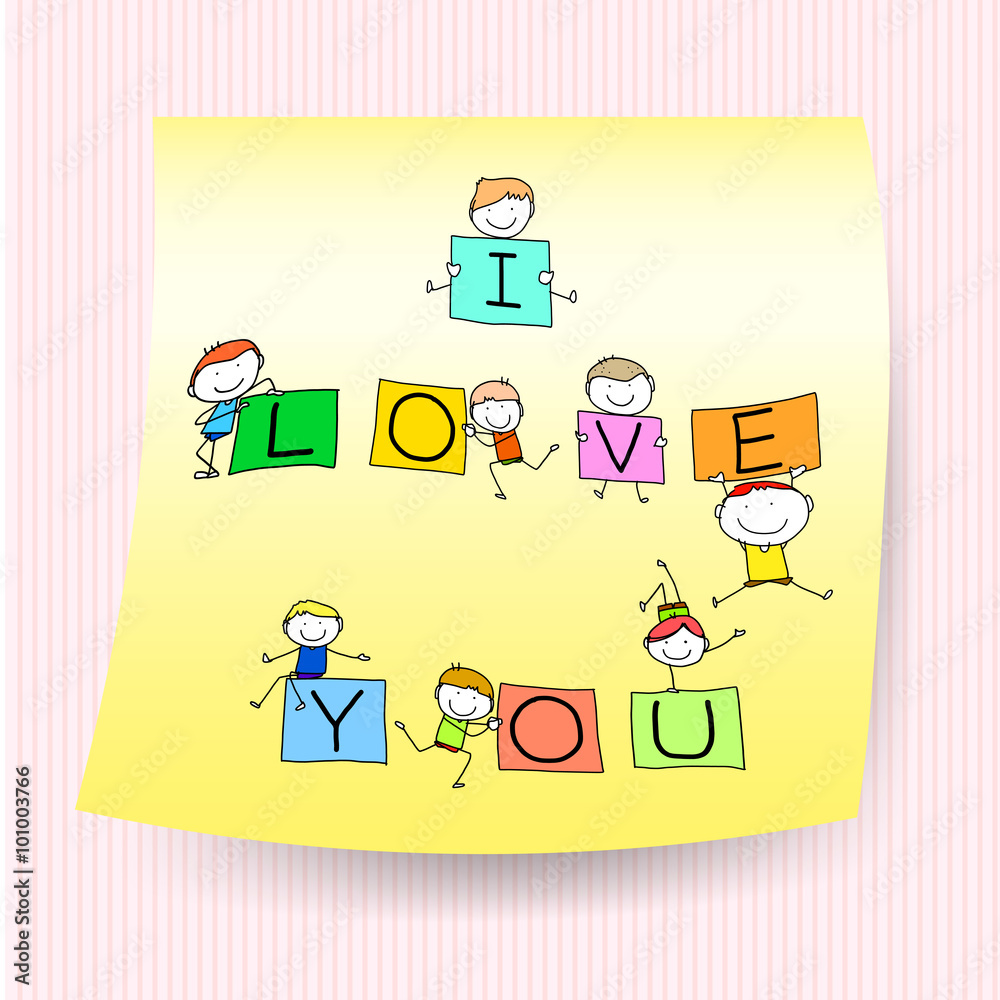 happy kids hand drawing character with love words on sticker not
