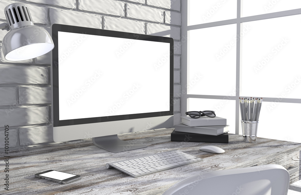 Fototapeta premium 3D illustration PC screen on table in office, Workspace