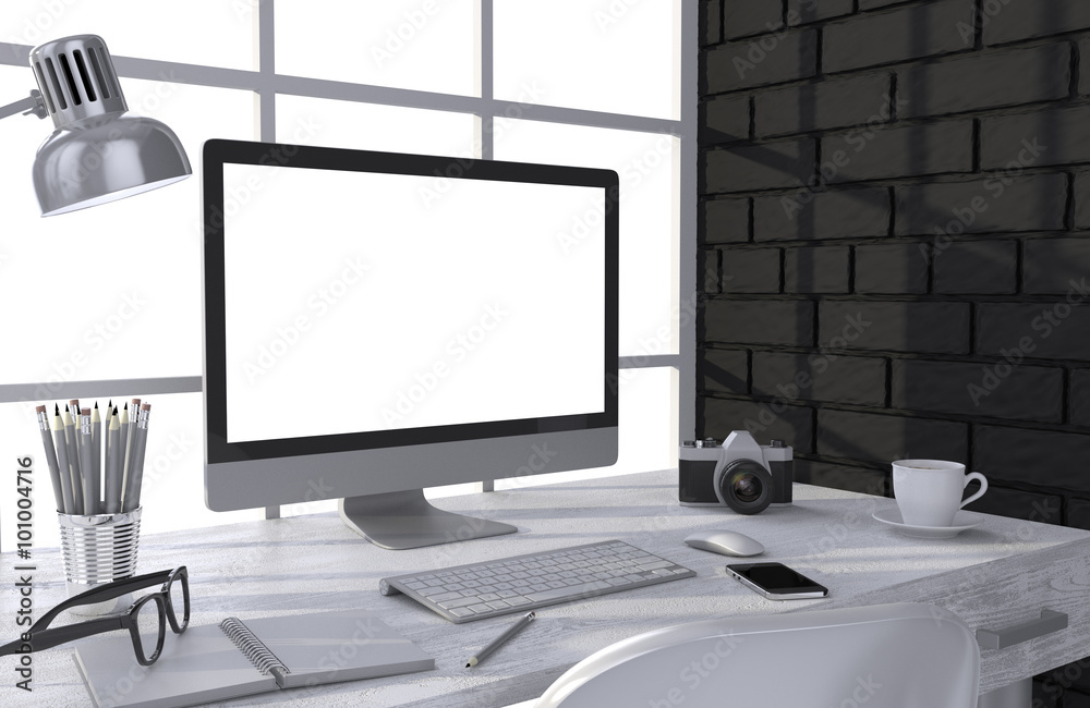 Fototapeta premium 3D illustration PC screen on table in office, Workspace