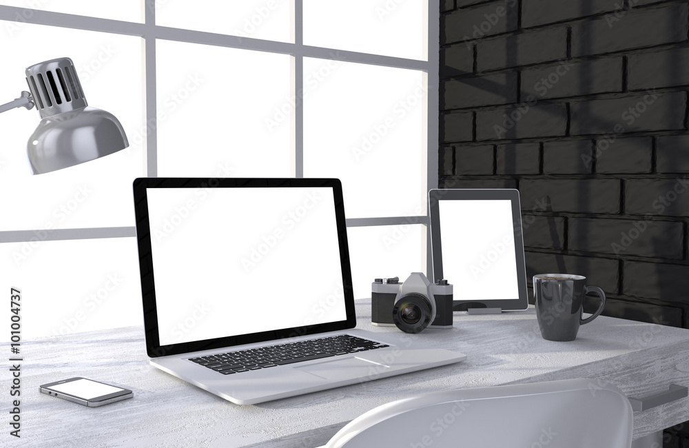 3D illustration laptop and work stuff on table near brick wall, Workspace 3D illustration laptop and work stuff on table near brick wall, Workspace