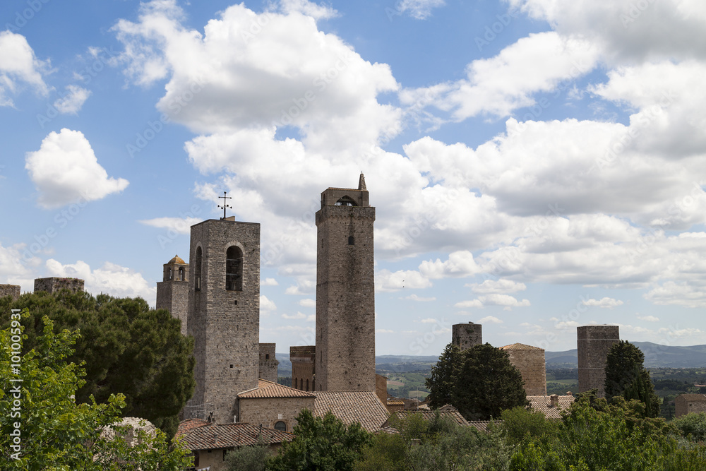 view on some of famous towers in San Gimignano in Toscany ,Italy