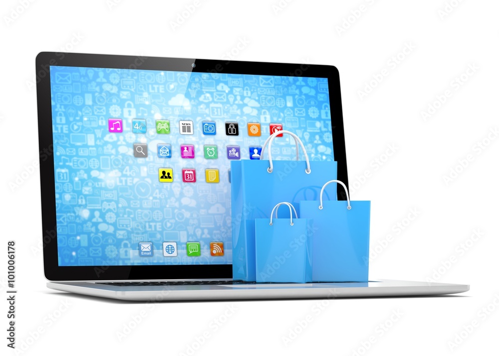 laptop and shopping pags on white background laptop and shopping pags on white background