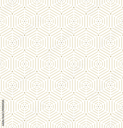 Geometric repeating vector golden ornament with hexagonal dotted elements. Seamless abstract modern pattern