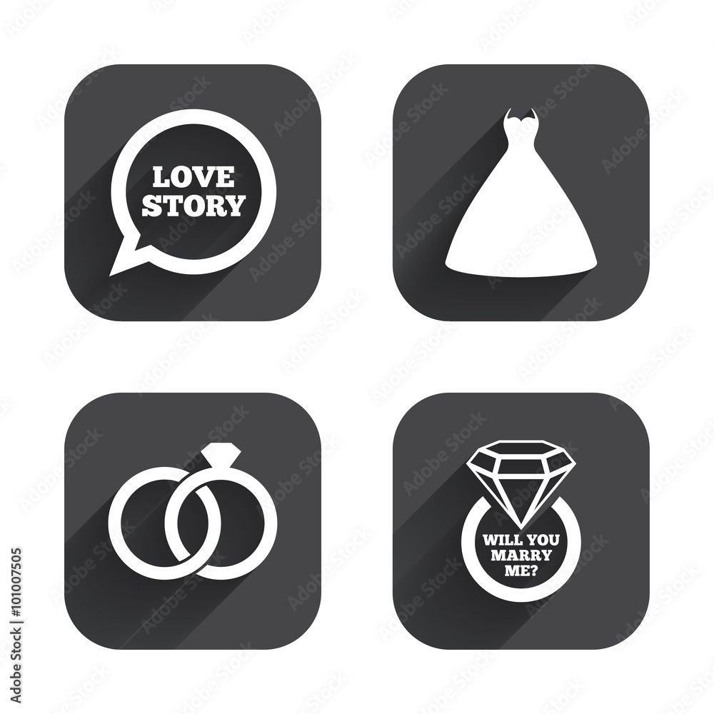 Wedding dress icon. Bride and groom rings symbol Wedding dress icon. Bride and groom rings symbol