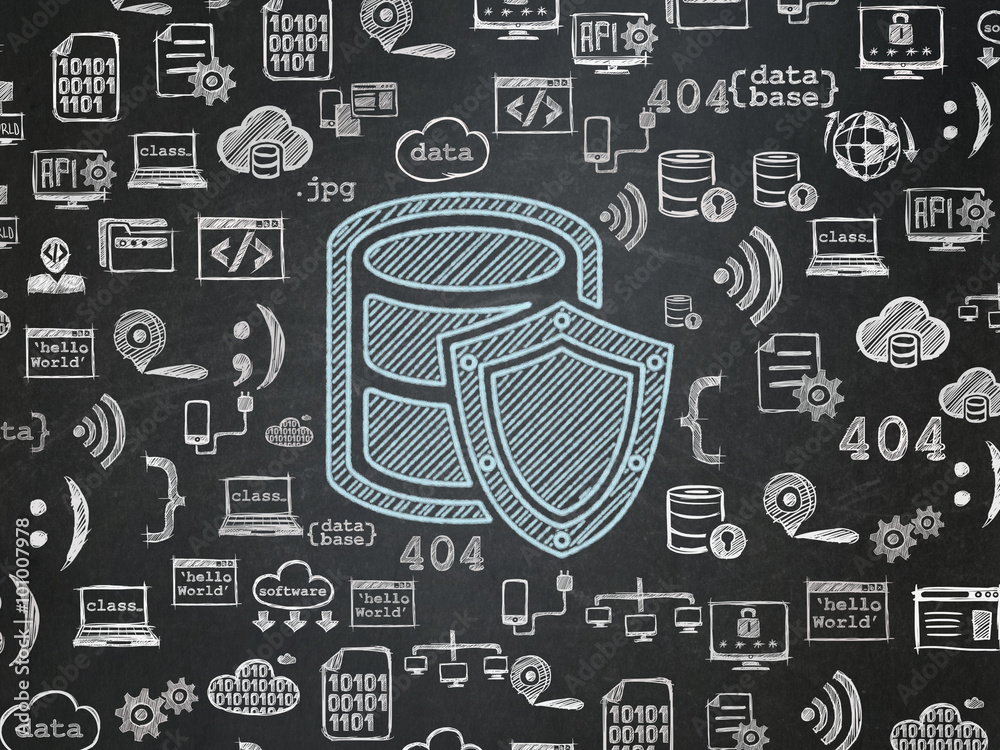 Database concept: Database With Shield on School Board background Database concept: Database With Shield on School Board background