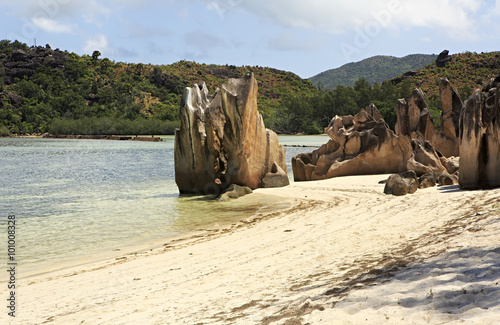 Beautiful Huge granite boulders on beach at Curieuse Island in Indian Ocean.