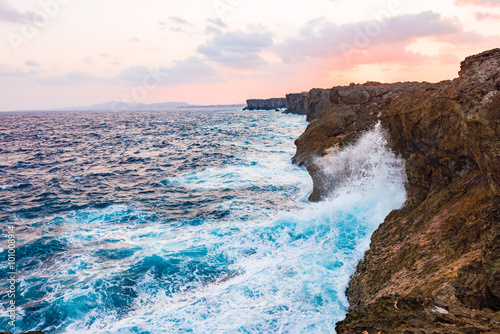 Sunrise, sea, cliffs, seascape. Okinawa, Japan. 