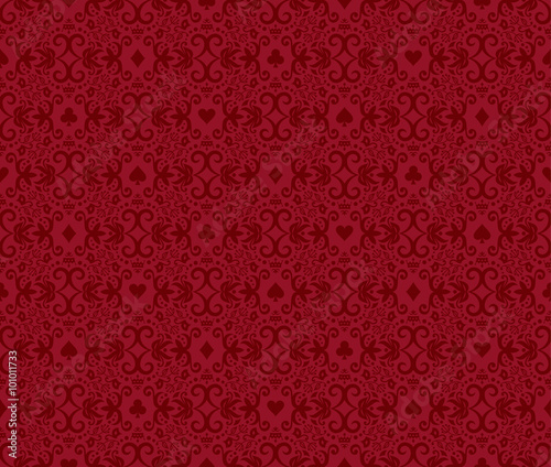 Red seamless poker background with dark red damask pattern and cards symbols
