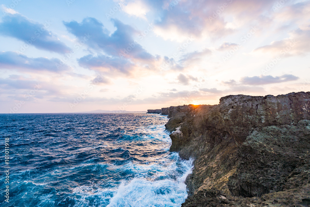 Sunrise, sea, cliffs, seascape. Okinawa, Japan.
