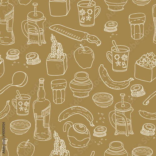 Kitchen stuff seamless pattern. Hand drawn vector theme. Good for backgrounds, fabric, kitchen and cafe stuff