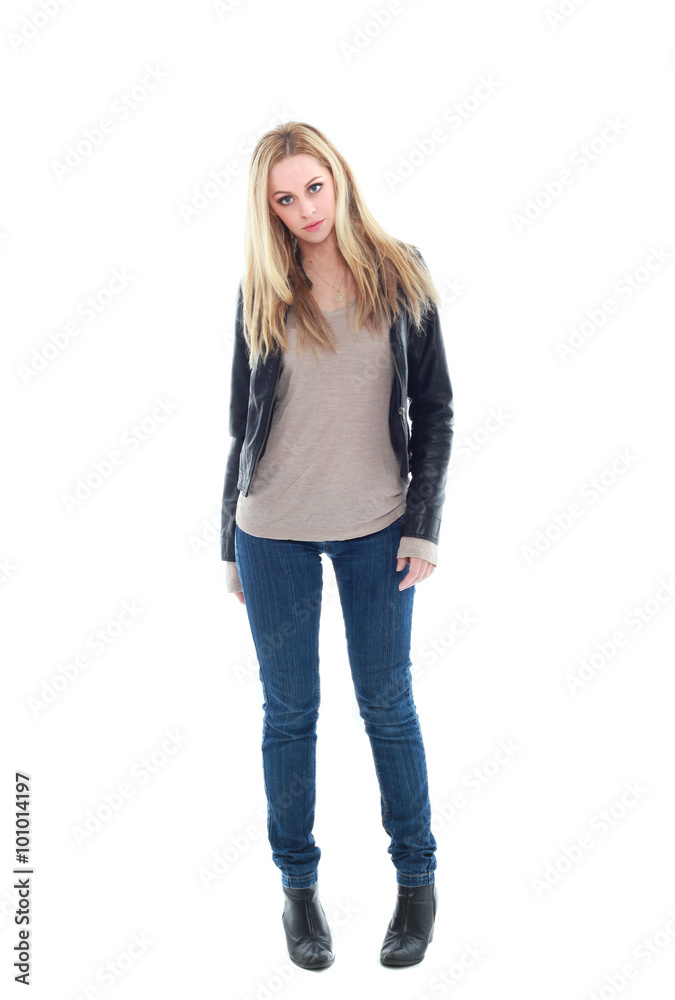 beautiful young woman with long blonde hair wearing black leather jacket and blue jeans. standing pose, isolated on white background. beautiful young woman with long blonde hair wearing black leather jacket and blue jeans. standing pose, isolated on white background.