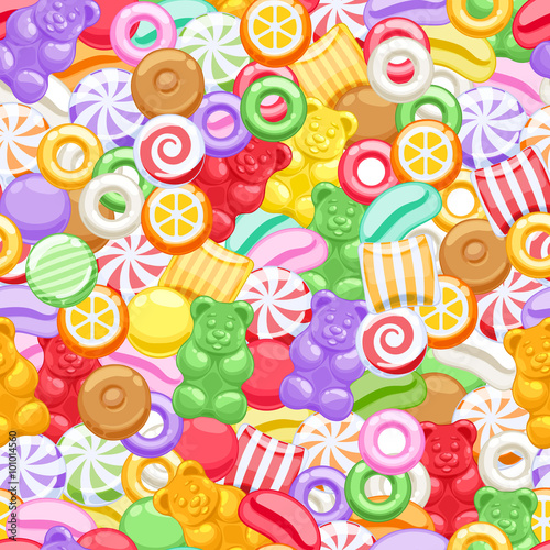 Seamless assorted sweets candies background.