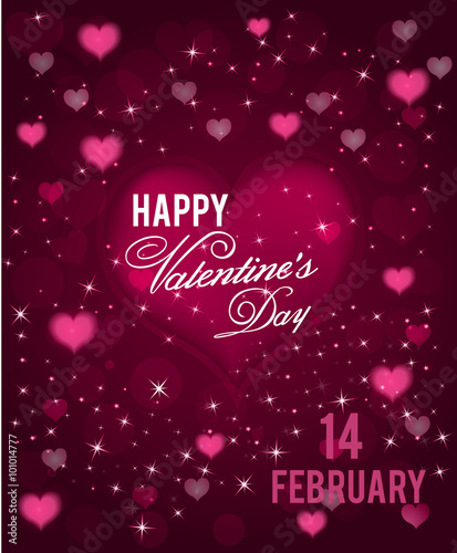 Happy Valentines Day greeting background with hearts and sparkels . Vector.