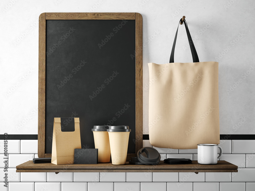 Fotografie Black chalkboard on bookshelf with coffee set. 3d rendering
