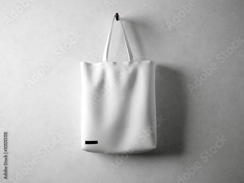 White cotton textile bag holding, neutral background. Horizontal 3d render photo
