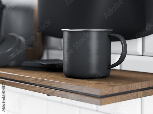 Set of metal tea cup, blank business cards and chalkboard on bookshelf. 3d render