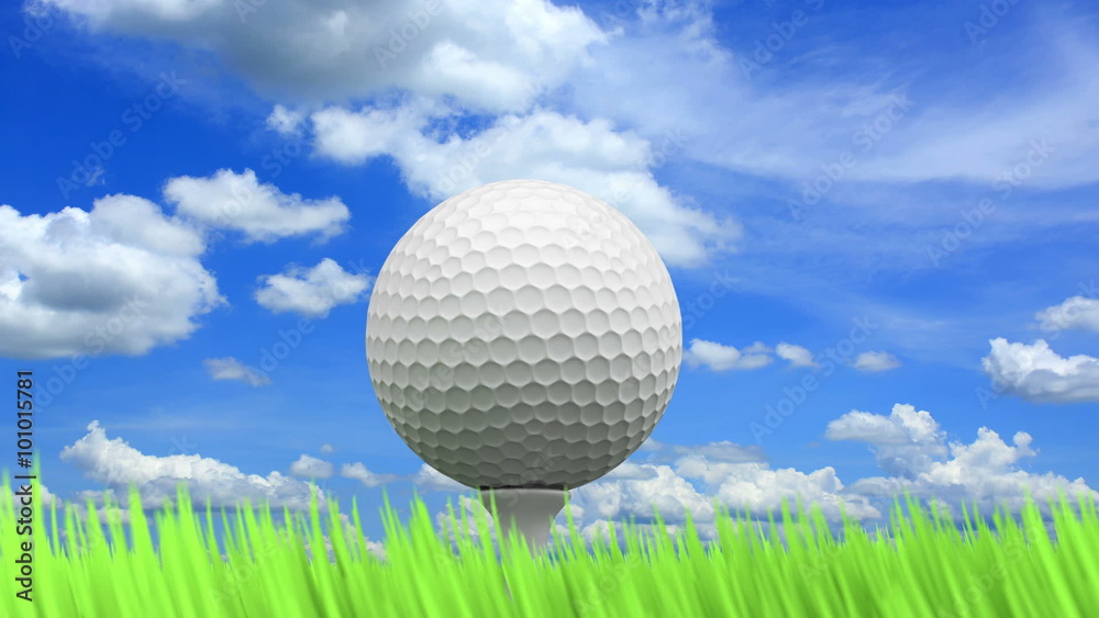 3D animation of the golf ball, green grass and beautiful blue cloudy sky 3D animation of the golf ball, green grass and beautiful blue cloudy sky
