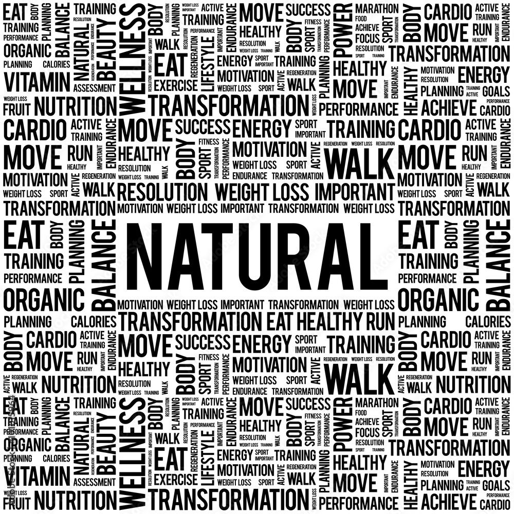 NATURAL word cloud background, health concept
