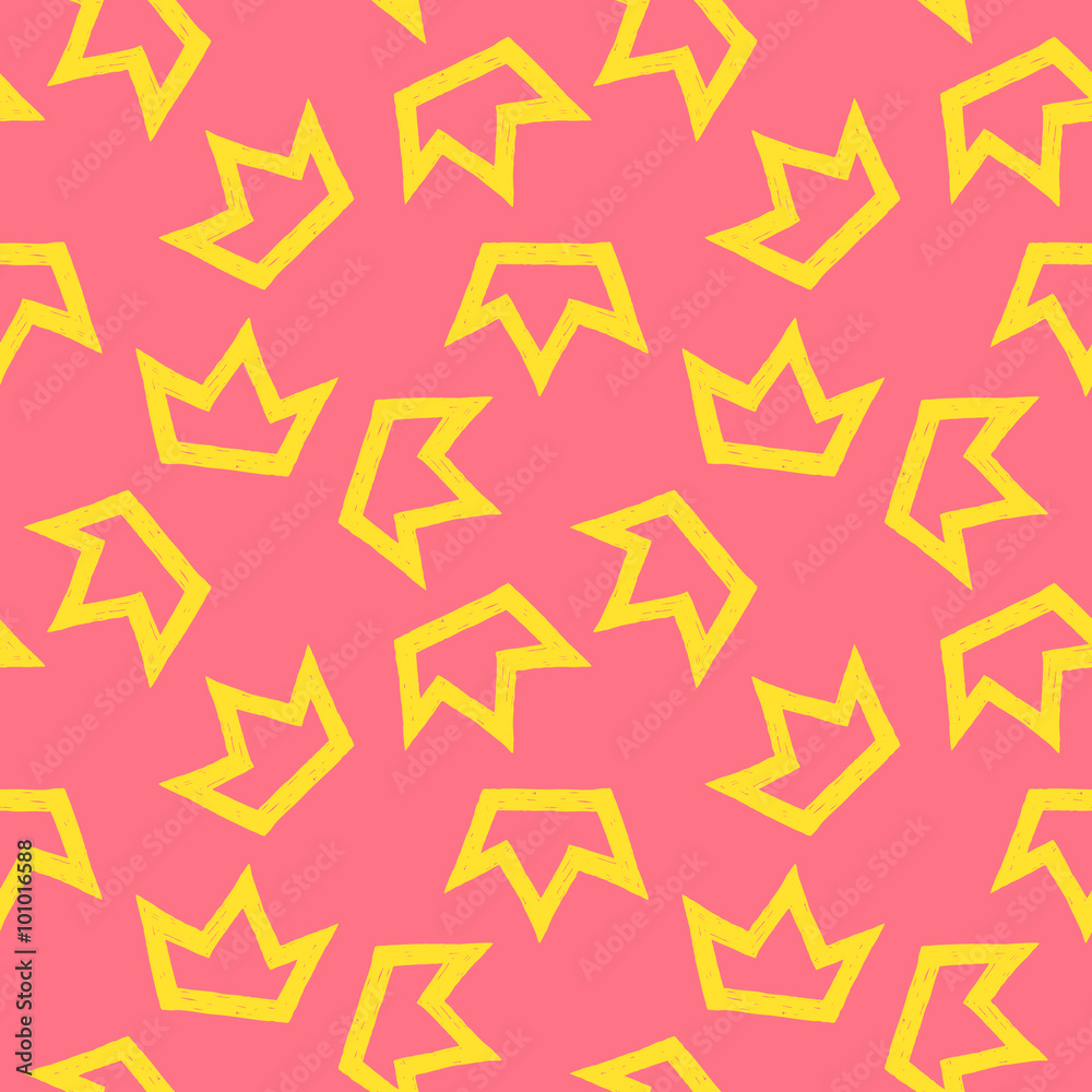 Obraz premium vector pattern of yellow crowns on pink background