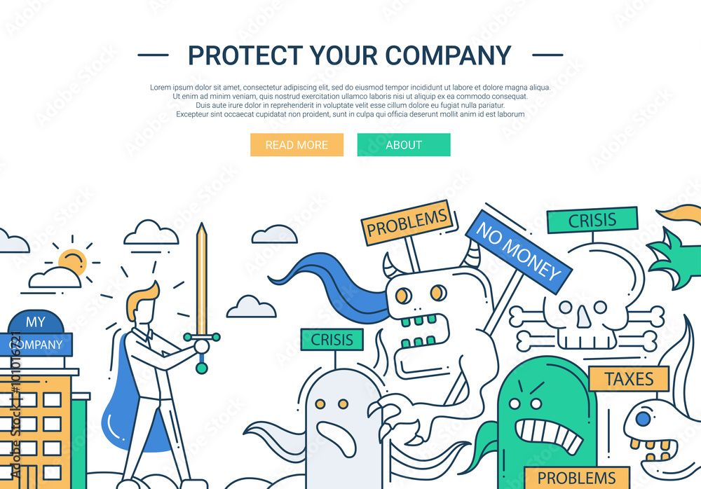Protect your company line flat design banner with superhero businessman. Protect your company line flat design banner with superhero businessman.
